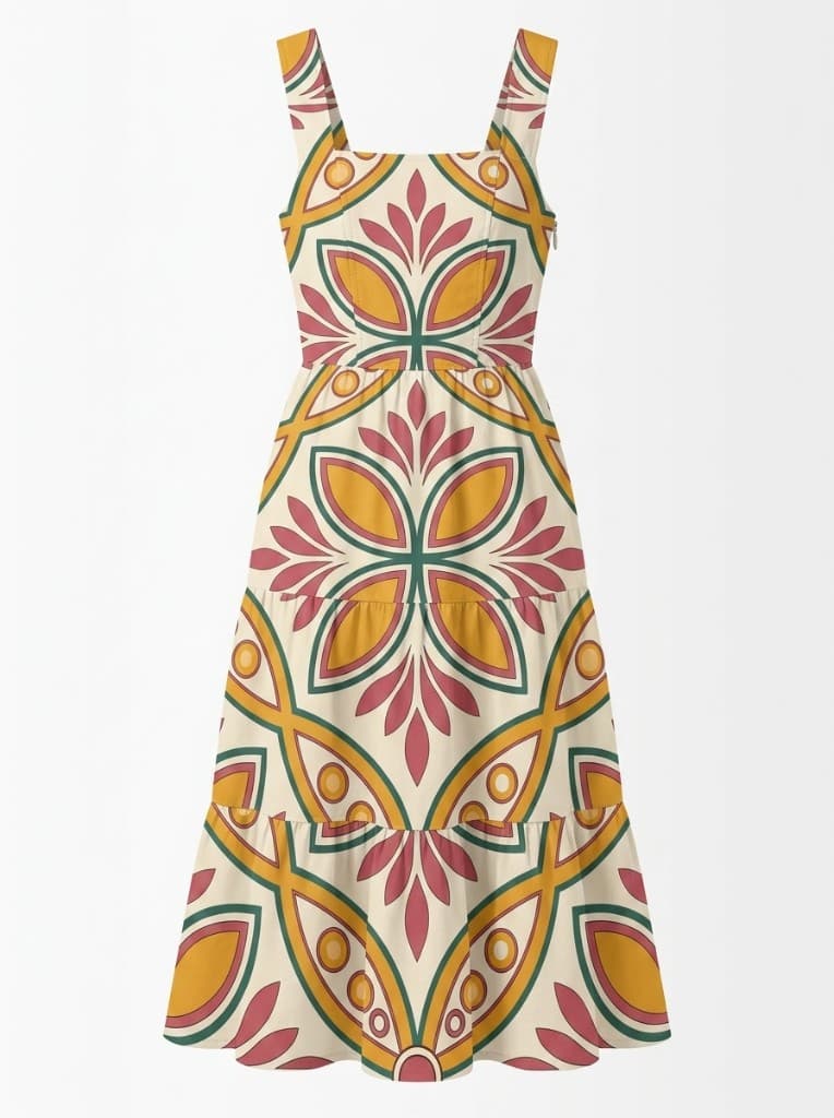 Italian summer Majolica print resort dress coloured sketch