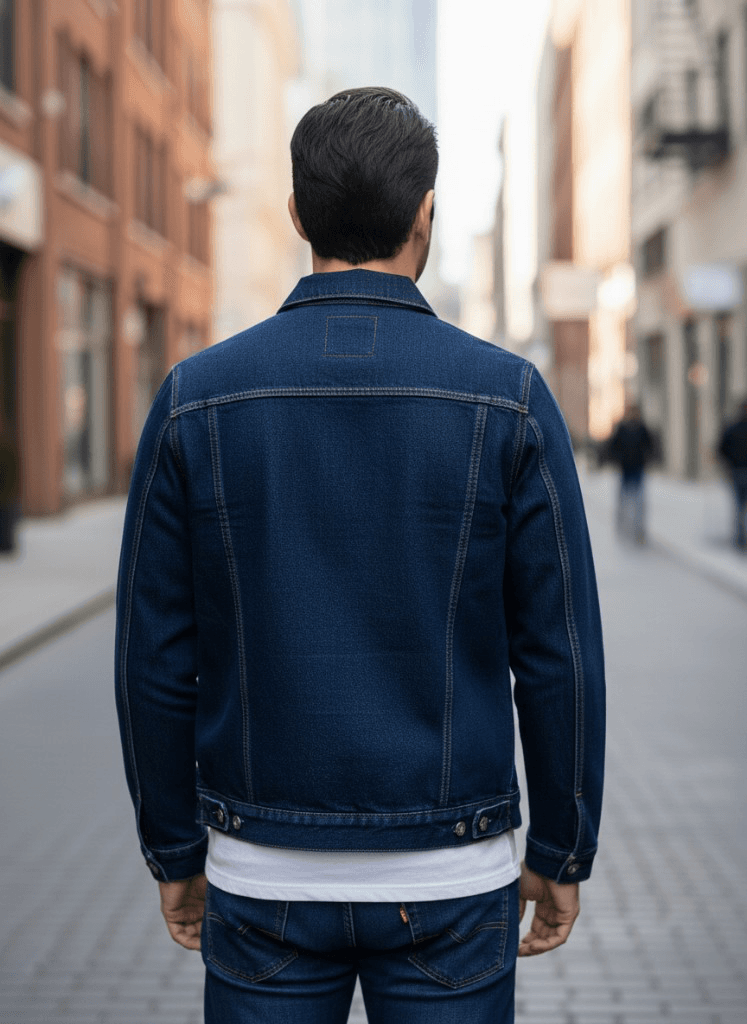 Back model view of denim jacket