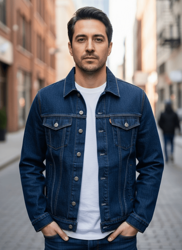 Front model view of denim jacket