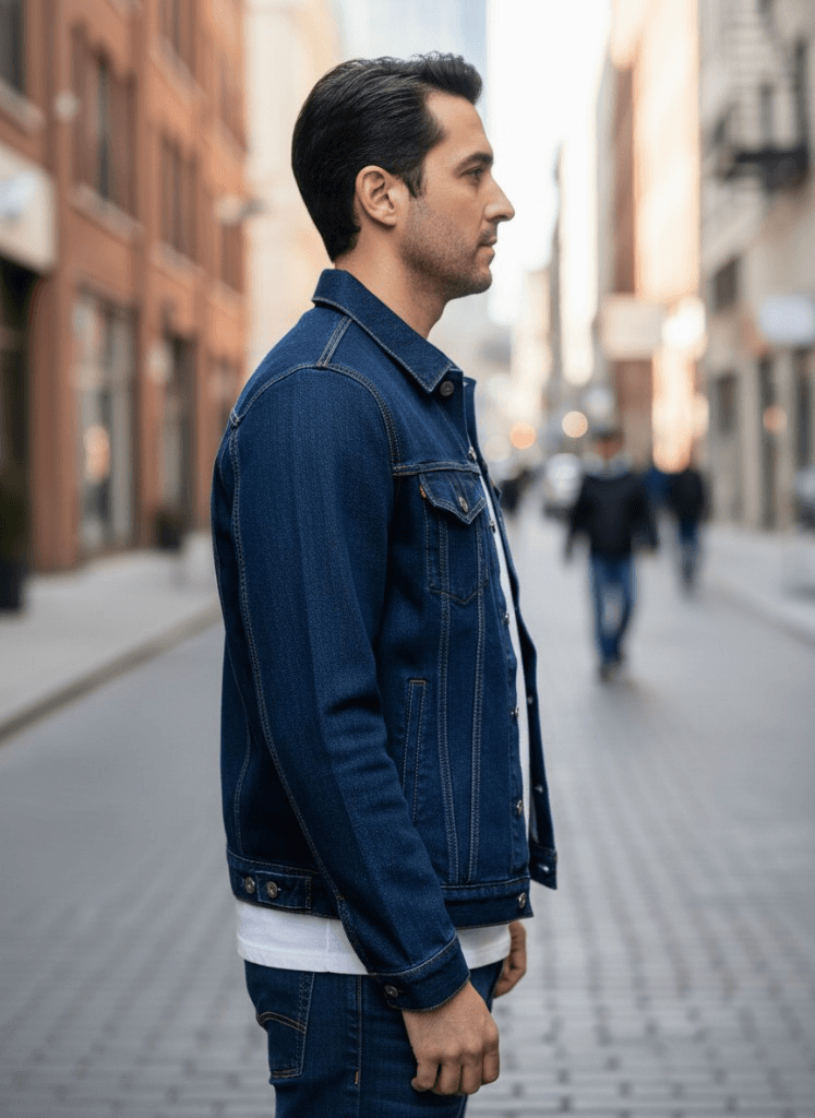 Side model view of denim jacket