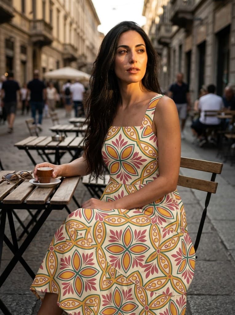 On-model photoreal mockup of a Majolica print resort dress in a café setting